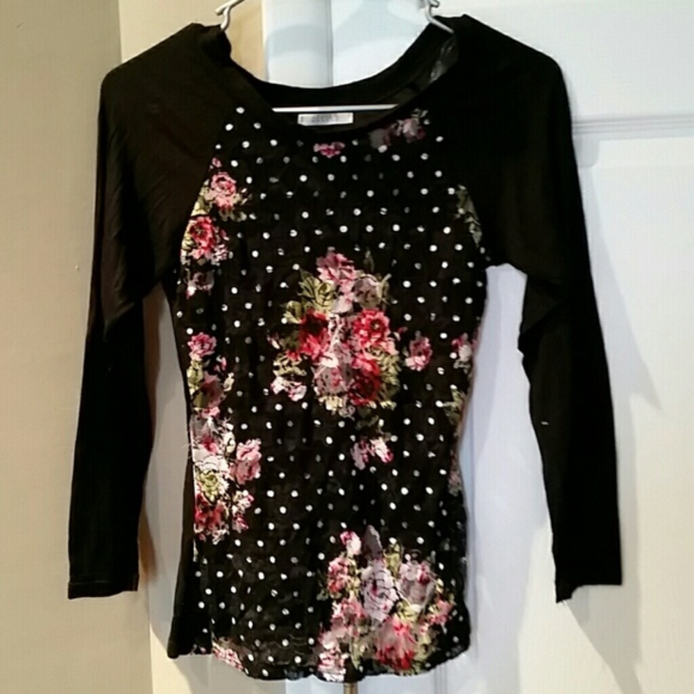 Black top with floral front, from Delia's